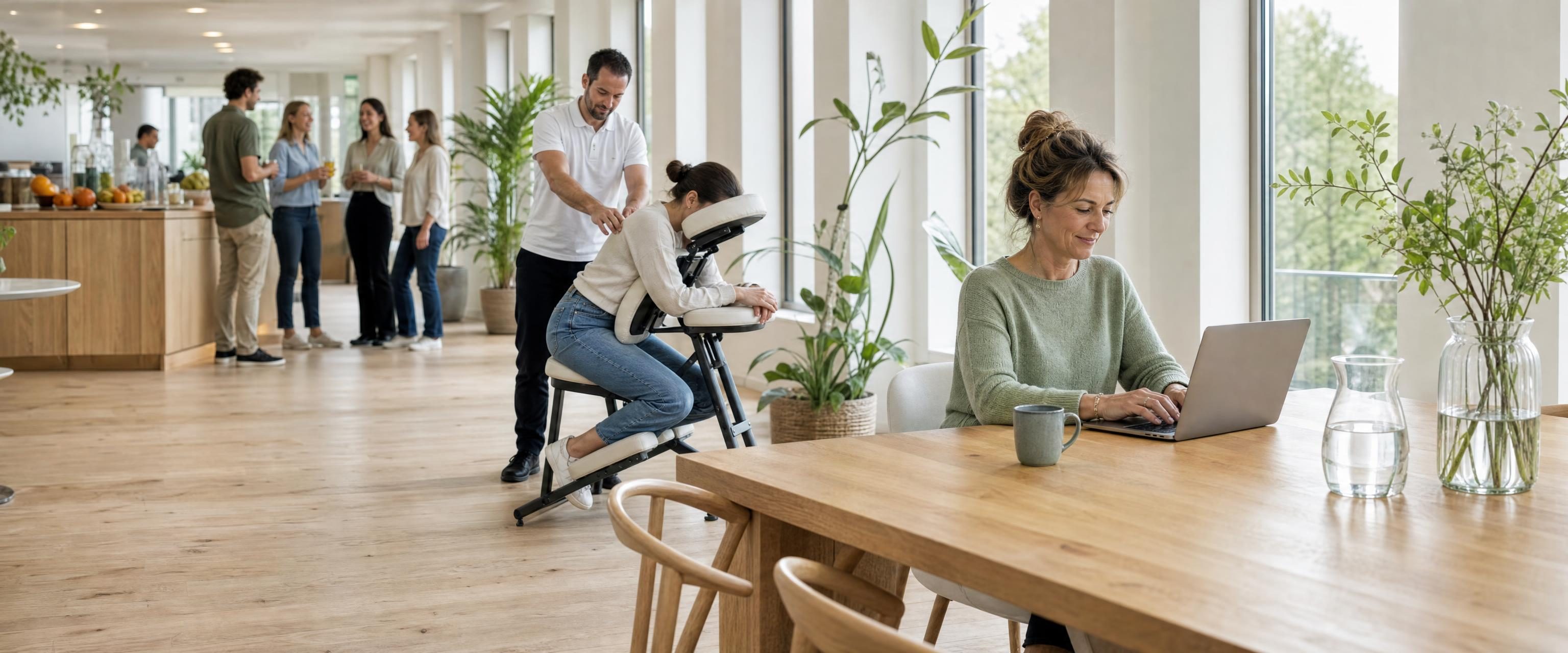 HR-manager regelt de vitaliteitsdag op haar laptop terwijl collega's een stoelmassage en smoothies krijgen